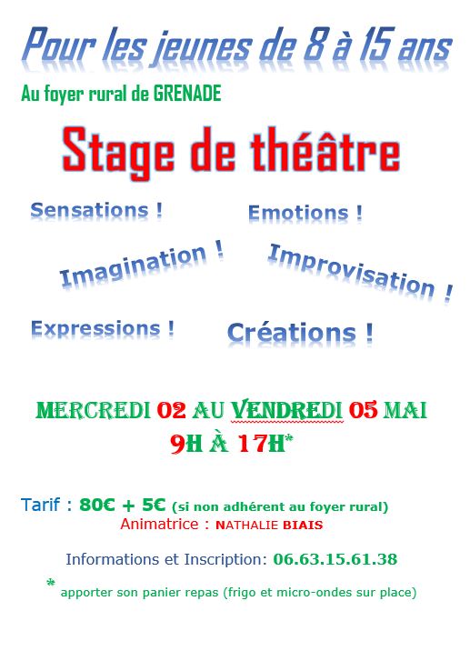 Flyer Stage de theatre enfants a GRENADE MAI 2023